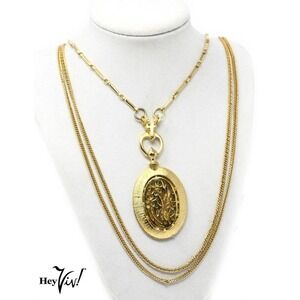 Vintage Ornate 32" Long Multi Chain Statement Necklace w Oval Pendant - Hey Viv